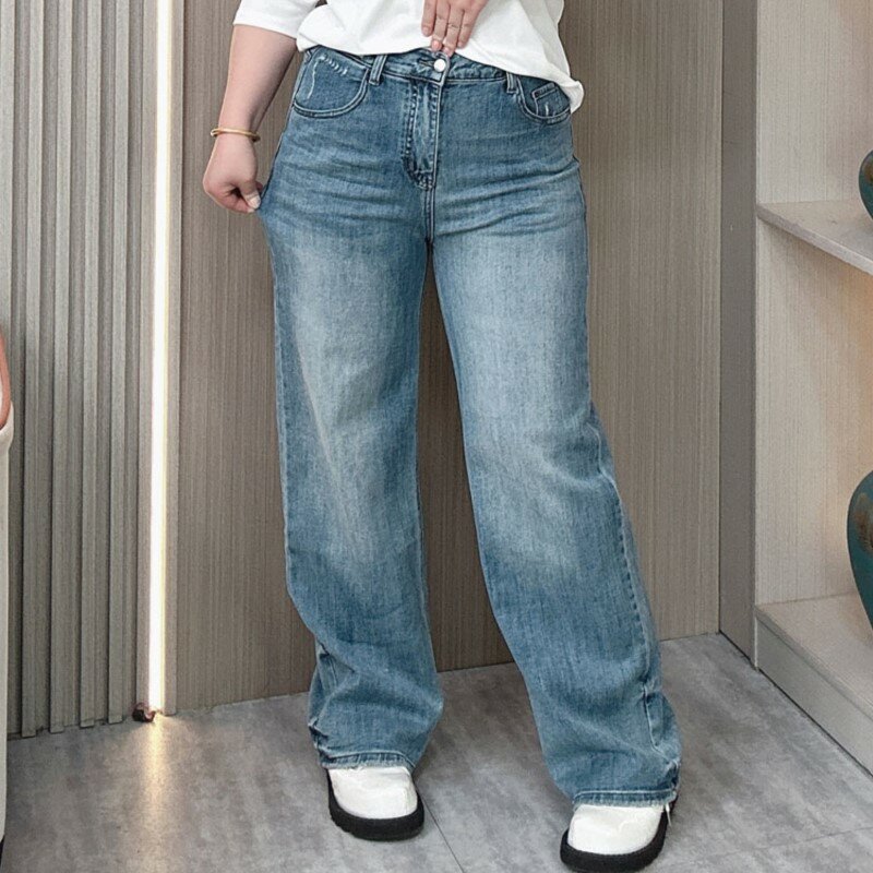 2024 Frühling neue Plus Size Blue Straight Jeans Frauen einfache Mode lässig lose Denim weites Bein in voller Länge Hosen