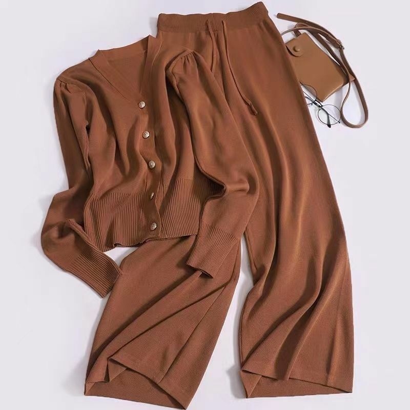 Женский Повседневный трикотажный комплект, однобортный трикотажный пиджак с V-образным вырезом и длинными рукавами, брюки с широкими штанинами и высокой талией на завязках, весна-осень