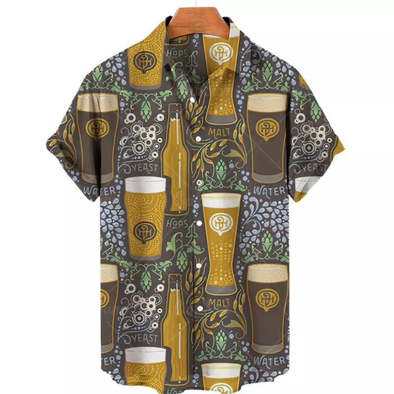 남성용 맥주 축제 하라주쿠 셔츠, 3D 프린트 반팔 티, 하와이안 비치 스타일, 싱글 브레스트 상의, 라펠 셔츠, 여름