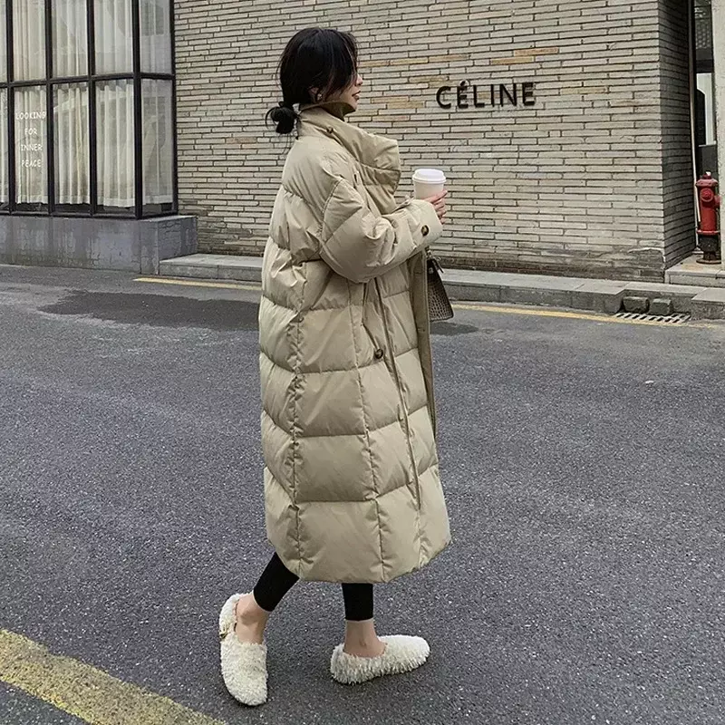 Jaket kerah berdiri tahan angin wanita, jaket Puffer Korea berkancing saku besar panjang Parka tebal hangat musim dingin