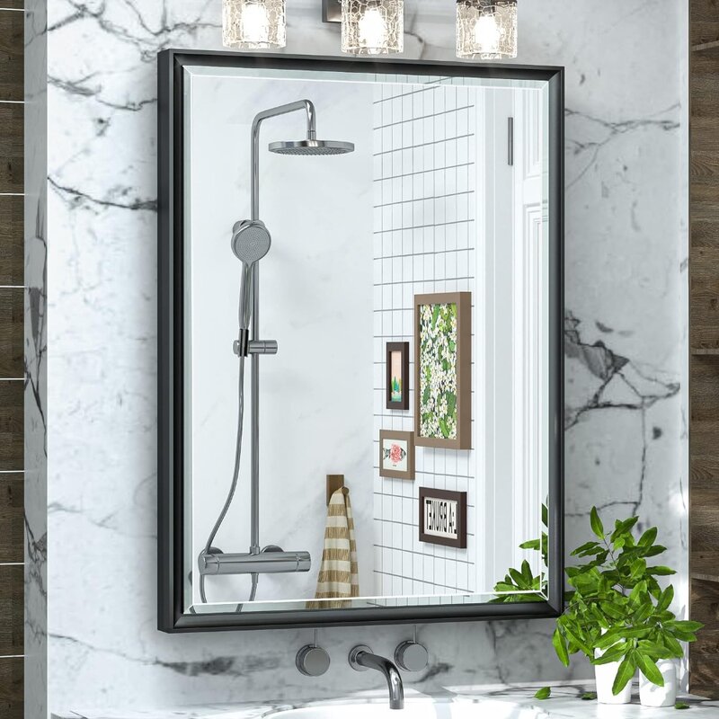 خزانة أدوية مجوفة مثبتة على الحائط ، مرآة زينة للحمام ، سطح أسود معدني مؤطر ، سبائك الألومنيوم ، 20x26