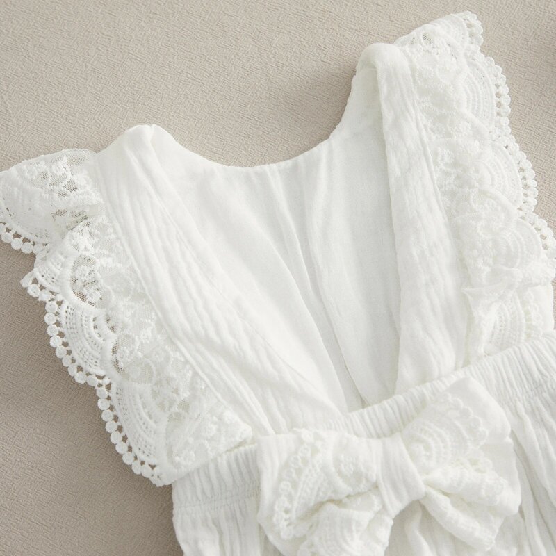 VISgogo Pakaian Bayi Perempuan Sepadan Pakaian Bayi Musim Panas Baju Romper/Gaun Pita Ruffle Tanpa Lengan Renda Leher V Putih