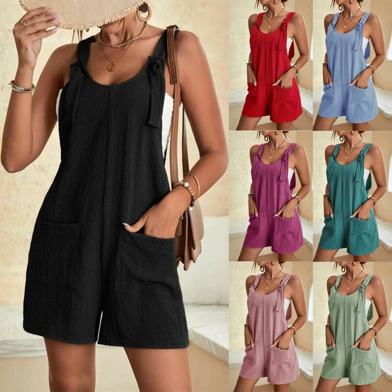 Macacão de shorts de verão feminino, clássico simples, moda monocromática, calça casual de uma peça com bolsos, macacão de férias de lazer