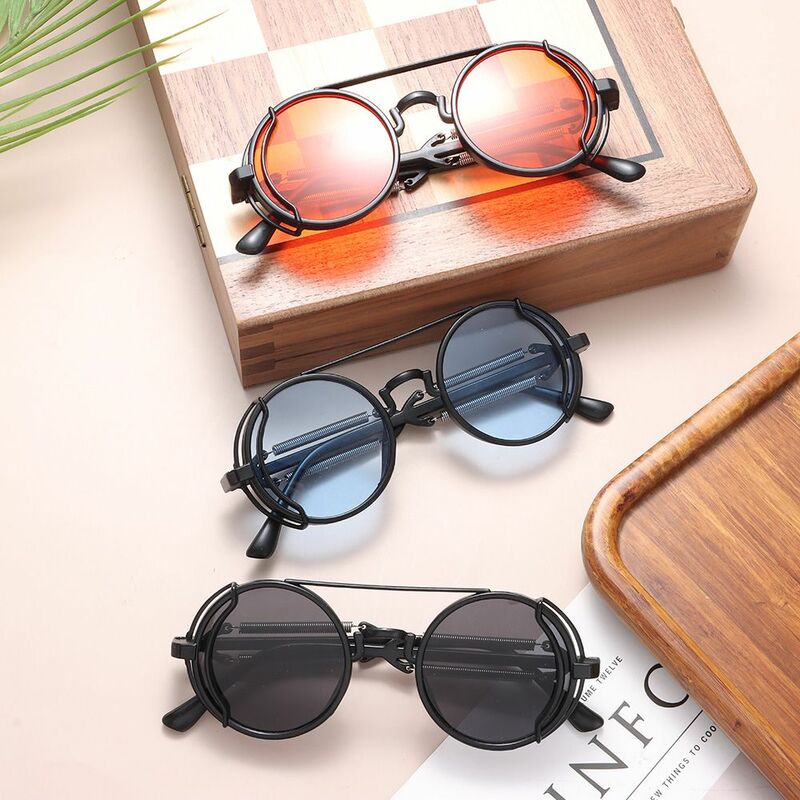 Kacamata hitam gaya Gotik, kacamata hitam bulat perlindungan UV400 ganda musim semi untuk pria