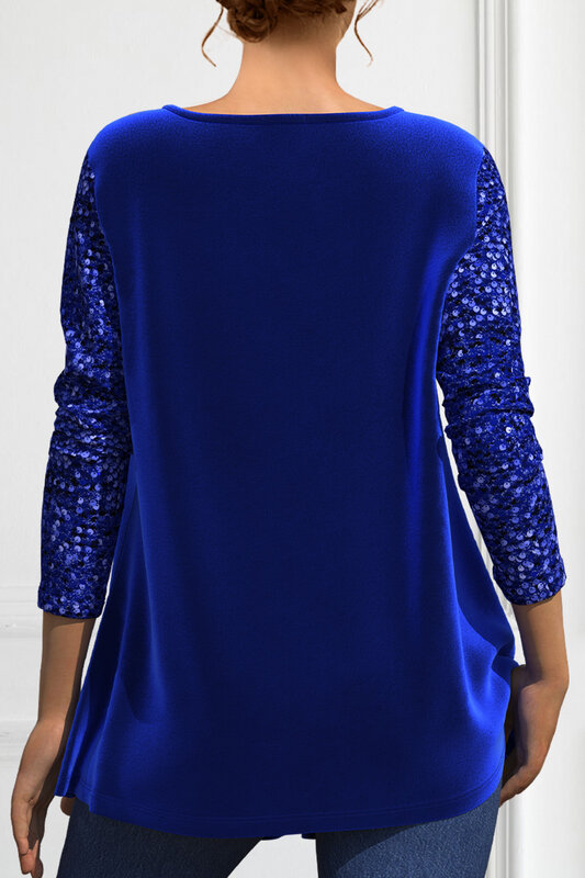 Flycurvy Plus Size Casual Royal Blue Velvet Sparkling Sequin Patchwork Square Neck Shirt