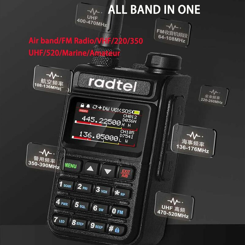 Radtel-راديو كامل النطاق ، راديو للهواة باسلكيتان ، 999CH جهاز اتصال لاسلكي ، طيران AM ، ماسح ضوئي ملون ، مسح ضوئي بحري NOAA ،
