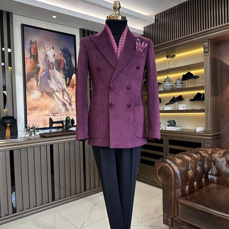 Setelan pakaian beludru pria, Blazer 2 potong + celana katun, jaket buatan khusus, tuksedo Formal bisnis kantor, mantel kancing dua baris
