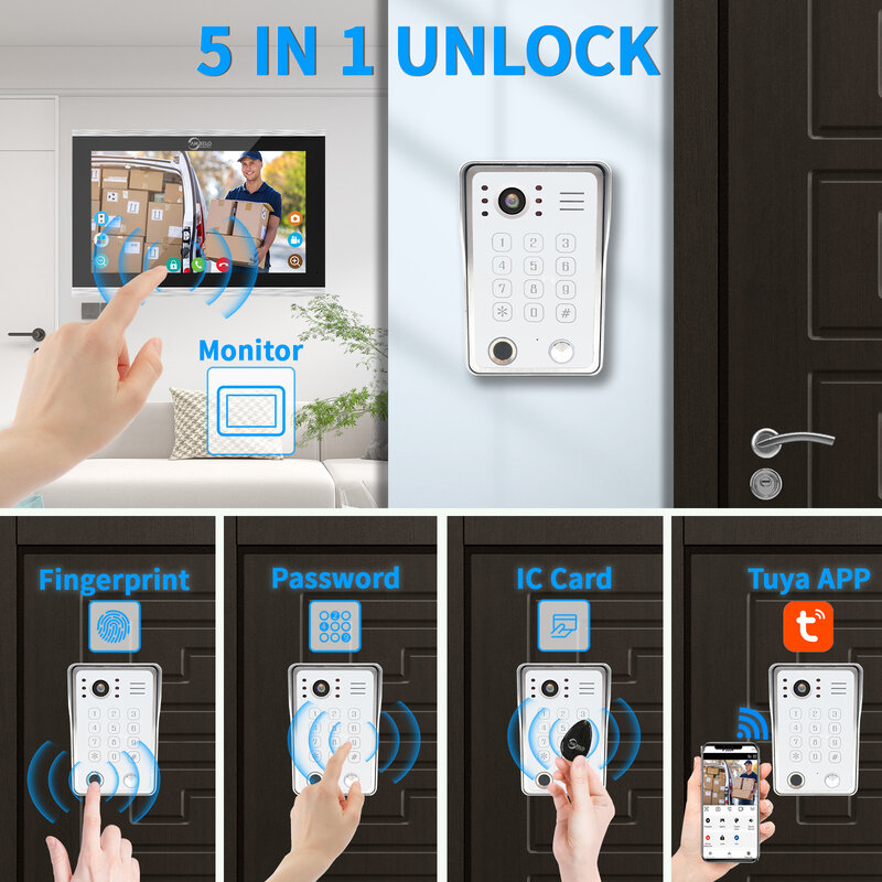 Tuya 7/10 Inch Video Intercom Doorphone Touch Screen with Wired Doorbell 1080P 148° WiFi Password Fingerprint Card Swipe Monitor
