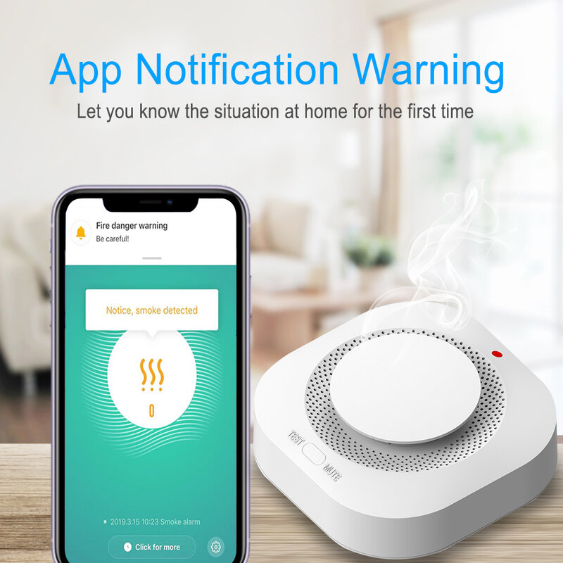 Tuya Smart WiFi 90DB Detector de humo Sensor Alarma Sistema de seguridad para el hogar Sirena Protección contra incendios Smart Life APP Notificación