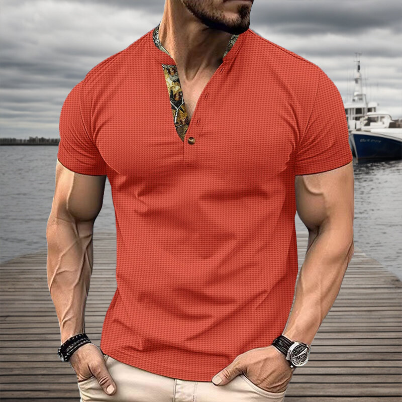 Camisa polo masculina de manga curta, tecido waffle, blusa casual respirável, pulôver de lapela, camiseta empresarial, verão