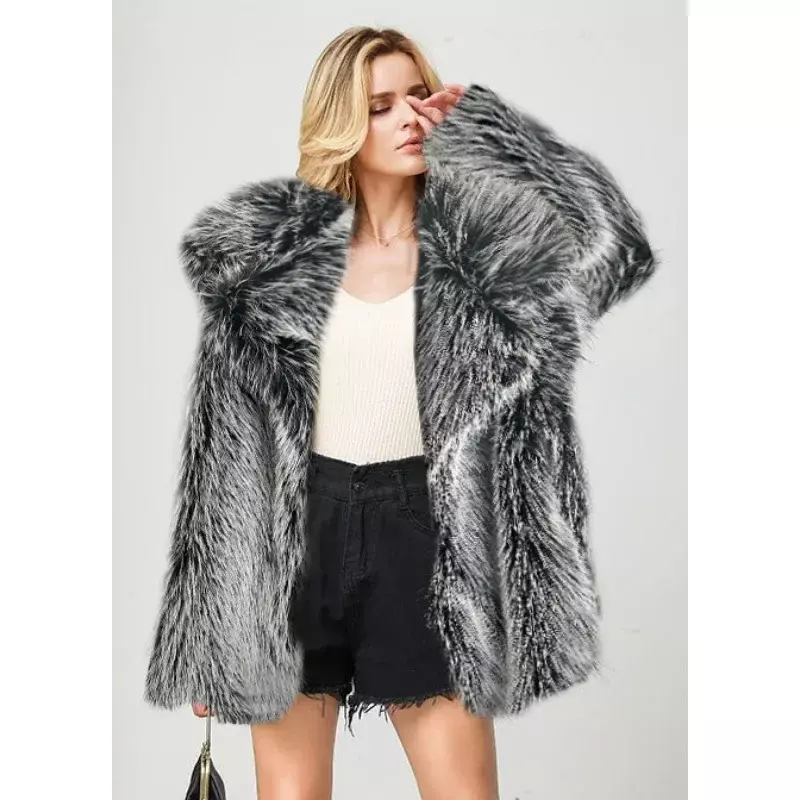 Autumn Winter Women Fashion Faux Fur Thick Warm Jacket Outerwear Lady Elegant Lapel Collar Long Sleeve Coats