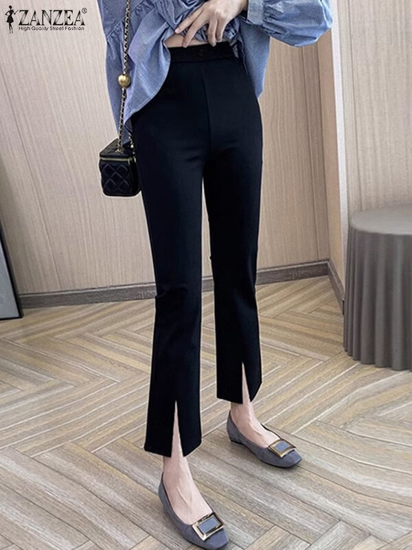 Eleganti donne OL pantaloni ZANZEA moda elastico in vita pantaloni Casual 2024 estate tinta unita Pantalons Femme Office Bell-bottoms