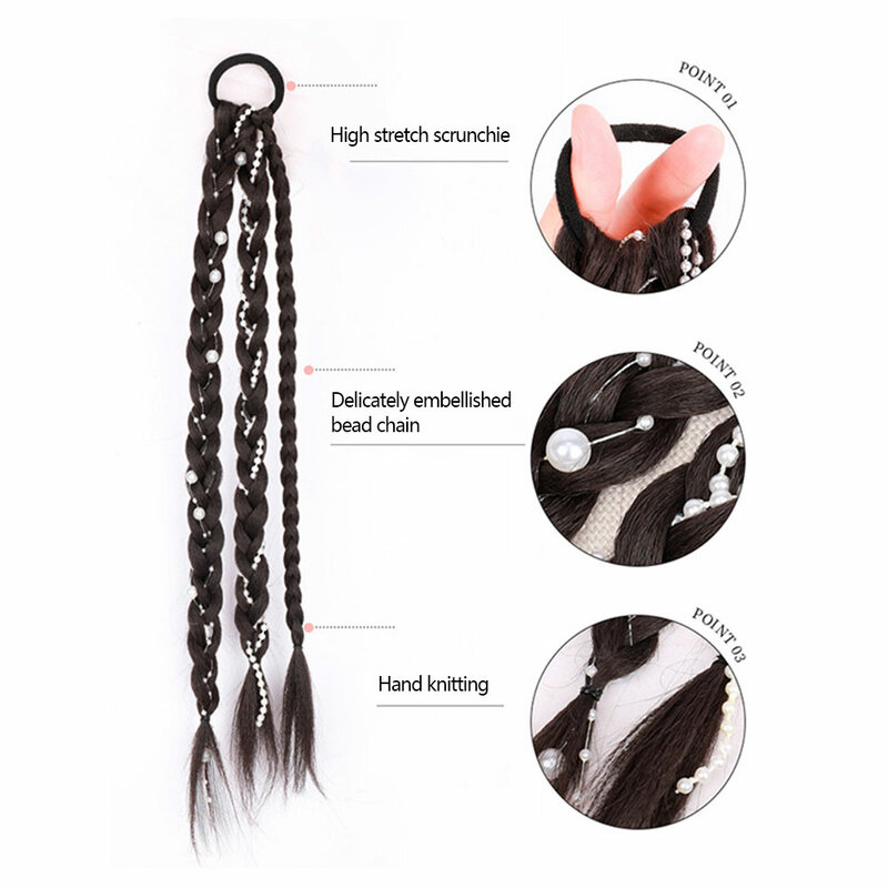 Perruque longue queue de cheval tressée perlée pour femme, perruque synthétique, extension de cheveux, morceau de faux cheveux, UL