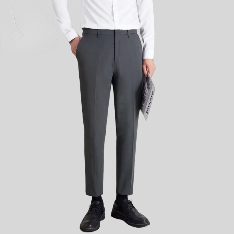 Calça casual masculina de seda gelada de quatro lados, calça justa monocromática, roupa de trabalho masculina, primavera, verão, Y401, 2023