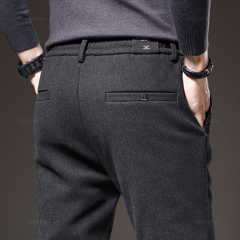 MINGYU-calça masculina de algodão grosso, calça casual de tecido escovado outono-inverno, masculina slim fit, preta e cinza, plus size 38