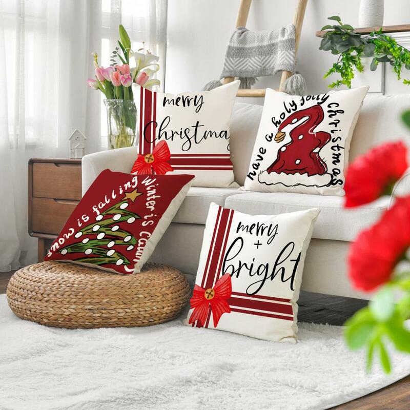 Sarung bantal Natal tahan lama sarung bantal natal meriah sarung bantal Natal dapat dipakai ulang dengan pohon ikatan simpul topi desain untuk Sofa