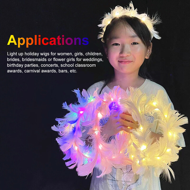 Bando Mahkota Karangan Bunga Bulu Indah Lampu LED Karangan Bunga Dekorasi Wanita Anak Perempuan Hadiah Ulang Tahun Untaian Rambut Pesta Pernikahan