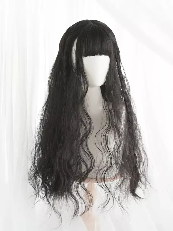 Pelucas sintéticas negras naturales con flequillo para mujer, cabello largo ondulado Natural, uso diario, fiesta de Cosplay, resistente al calor, Lolita, 26 pulgadas