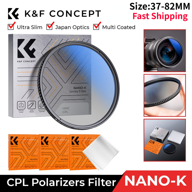 K & fコンセプトcplカメラレンズフィルター超スリムなアルミニウムコーティングされた円形の柄49mm 52mm 55mm 58mm 62mm 67mm 77mm 82mm