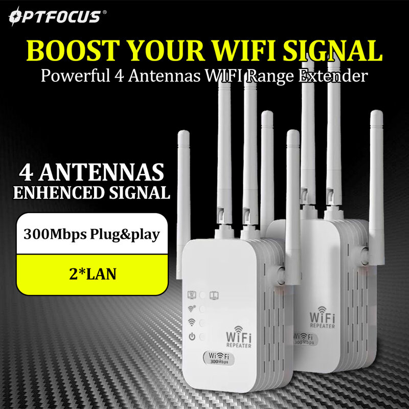 OPTFOCUS-repetidor WiFi 2,4G, amplificador de señal, punto de acceso inalámbrico, AP, 2LAN, 300Mbps
