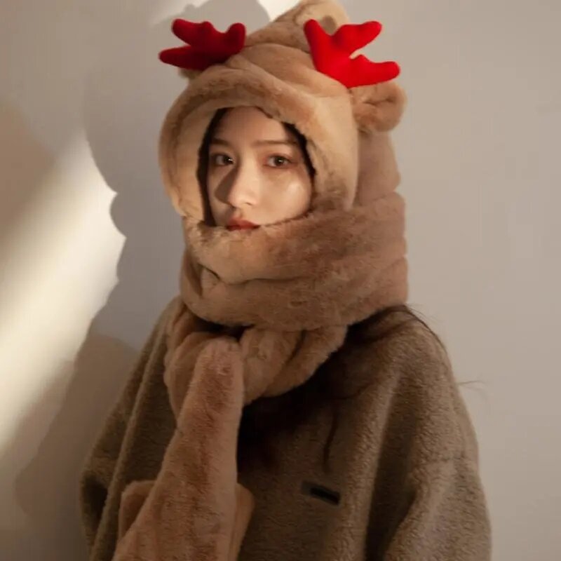 Moda bonito urso veados inverno mais quente veludo com capuz cachecol chapéu luvas macio gorro boné cachecóis linda senhora presente de festa de natal