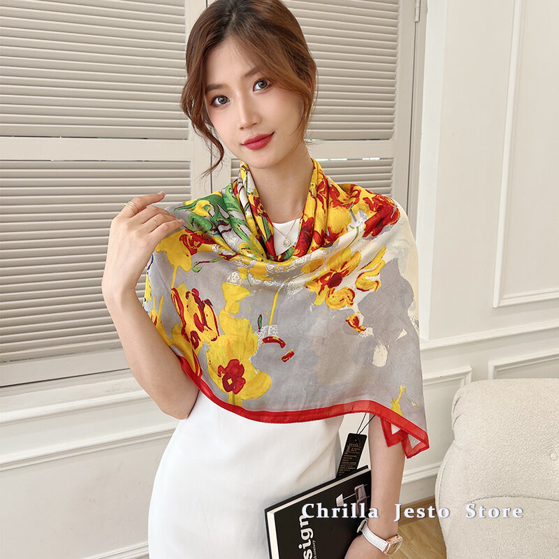女性のための花柄のヒジャーブ,110cmの正方形の弓,油絵,トラベルスカーフ,春と秋のファッション
