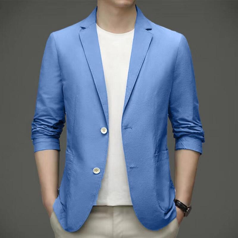 Mantel bisnis pria, jaket jas bisnis pria dengan kancing ganda, warna Solid untuk lelaki