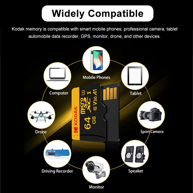 Cartão de Memória KODAK Micro SD, Adaptador de Leitor de Cartão TF, 4K HD, até 90 MB/s, Classe 10, U3, 32GB, 64GB, 128GB, 256GB, 512GB