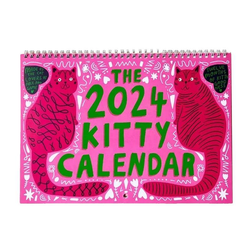 リビングルーム、キティンウォールプランナー、ホームデコレーション、2024用ピンクキャットカレンダー