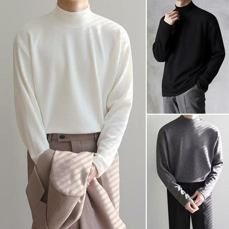 Men Fall Winter Bottom Top Half-high Collar Elastic Warm Long Sleeves Soft Pure Color Pullover Loose Casual Daily Wear Jumper