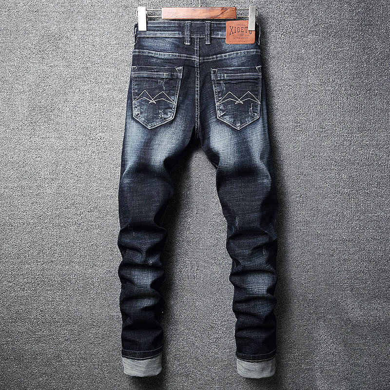 Pantalones vaqueros rasgados elásticos para hombre, Jeans de diseñador de moda, alta calidad, Retro, negro, azul, Vintage, informal