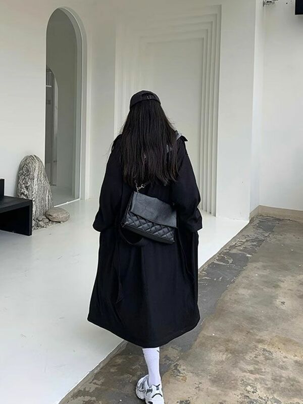 الراقية معطف الصوف الأسود ، النسخة الكورية من نمط الكلية ، معطف مقنعين ، طول الركبة ، متوسطة الطول
