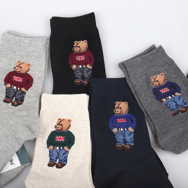 Kaus kaki beruang kartun pria, 1 pasang kaus kaki katun Harajuku Skateboard baru bernapas Langsung hadiah Natal pabrik