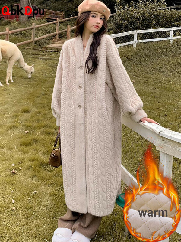 Zimowe ciepłe, luźne, długie, płaszcz ze sztucznego futra damskie z dekoltem w szpic, grube bawełniane, wyściełane kurtki koreańskie jednorzędowe i puszyste Abrigos