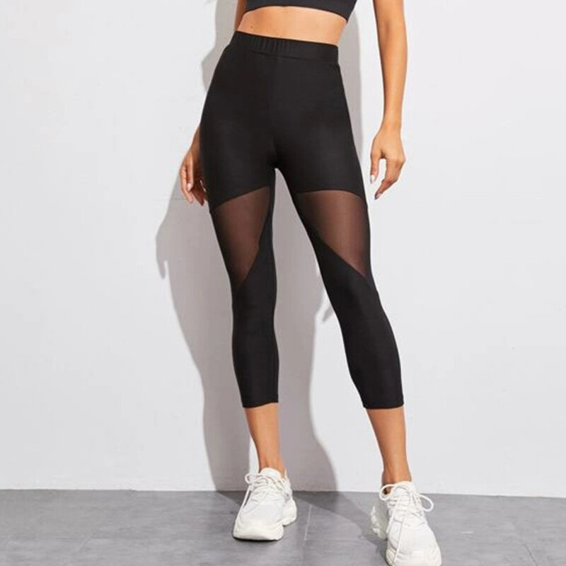Women's Pants Black Patchwork Mesh Tight women's Elastic Fitness Sports quick-drying Fashion