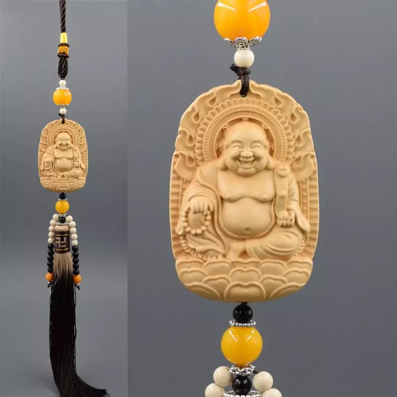 Wood Carving Buddha Statues Car Rear View Mirror Pendant Jewelry Guanyin Pao Ping An Fu High-end Schoolbag Mobile Phone Pendant