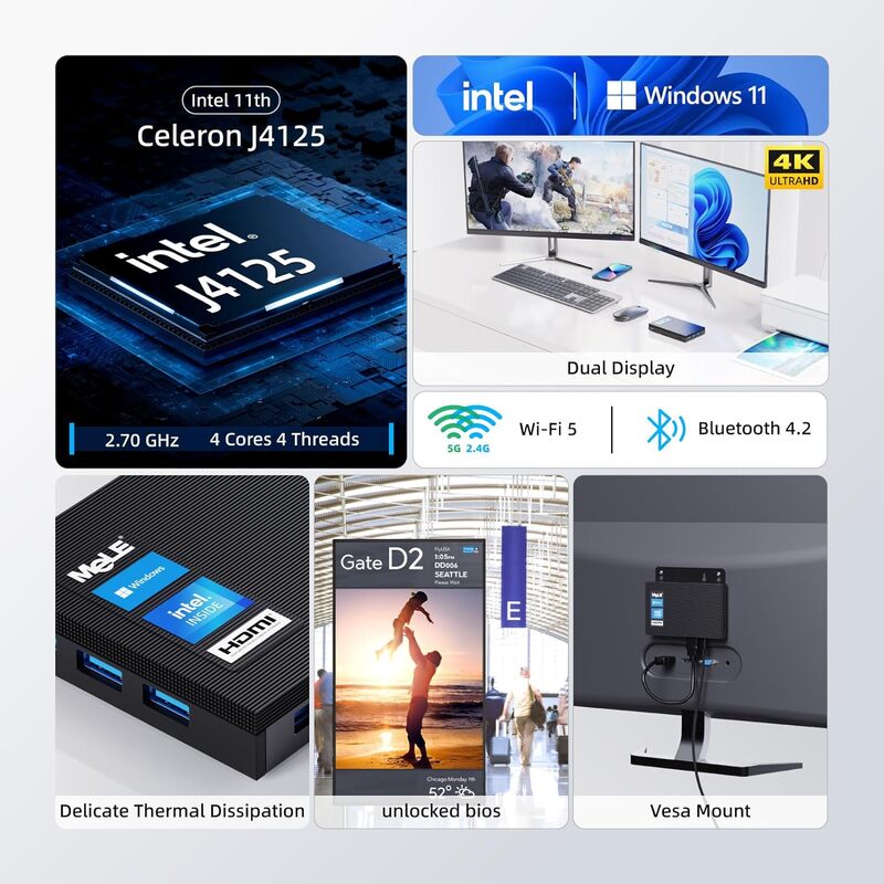 Ультратонкий мини-ПК MeLE Intel Celeron J4125, 8 ГБ, 256 ГБ, Windows 11 Pro, настольный компьютер с двойным HDMI, 2,4G/5G, двухдиапазонный Wi-Fi Quieter2Q