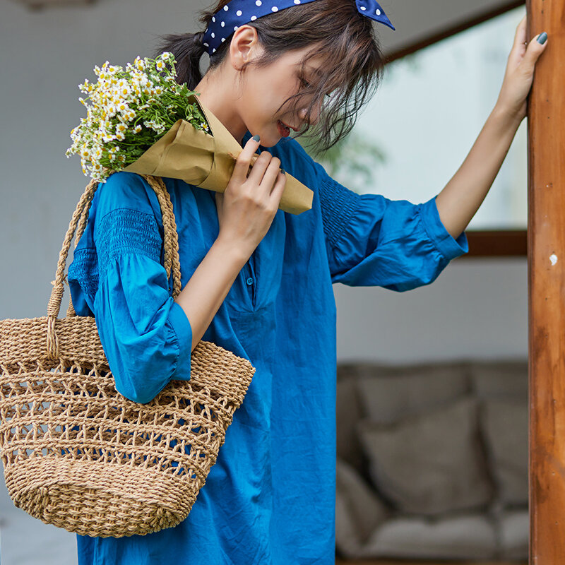 2024 musim panas Perancis Retro tas tenun musim panas mode kasual tas jinjing buatan tangan Jepang tas jerami berongga tas tangan wanita besar