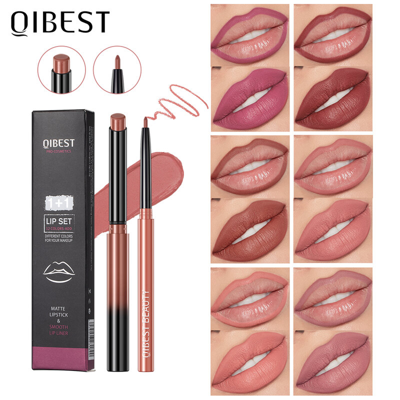 QIBEST-Matte Velvet Lip Liner e Lápis Set, Sexy Red Lip Stick, Long Lasting Cosméticos, Lipliner Pen, Maquiagem Contour, 2Pcs