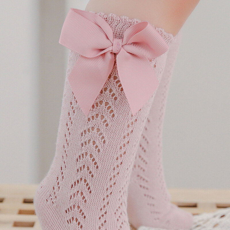 Calcetines de verano para niñas pequeñas, con lazo calcetín largo hasta la rodilla, malla de algodón suave, estilo español, transpirables de 0 a 8 años