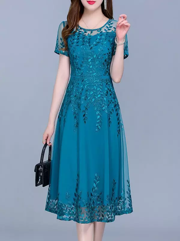 Blau lässig Chiffon Mesh koreanisch langes Kleid Sommer Frauen neue Tuniken Midi Mode elegante Abschluss ball Abendkleider Kurzarm