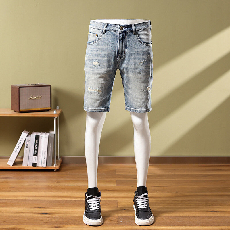 Fashion denim shorts for men2024summer scratch street trend retro slim fit light straight-leg casual cropped pants