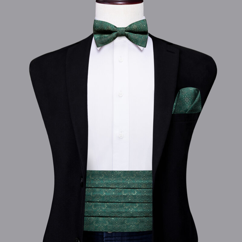 Hi-Tie seta verde floreale Mens Cummerbunds Vintage Jacquard papillon Hanky gemelli cintura Cummerbund corsetto per eventi di nozze maschili
