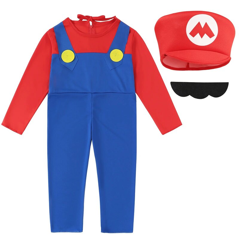 Jurebecia Super Brother Costume Halloween Outfit Cosplay Jumpsuit Classic Plumber Games Kids Dress Up Clothes