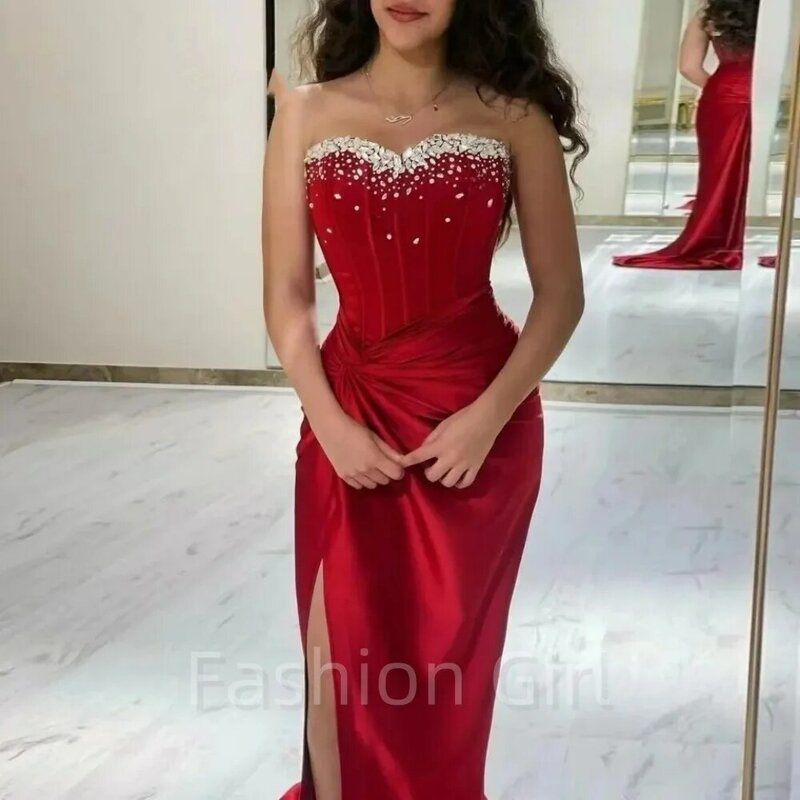 Vestidos de noite sereia cetim vermelho para mulheres, fenda lateral, cristais sexy, festa formal, vestidos de baile, tecido saudita