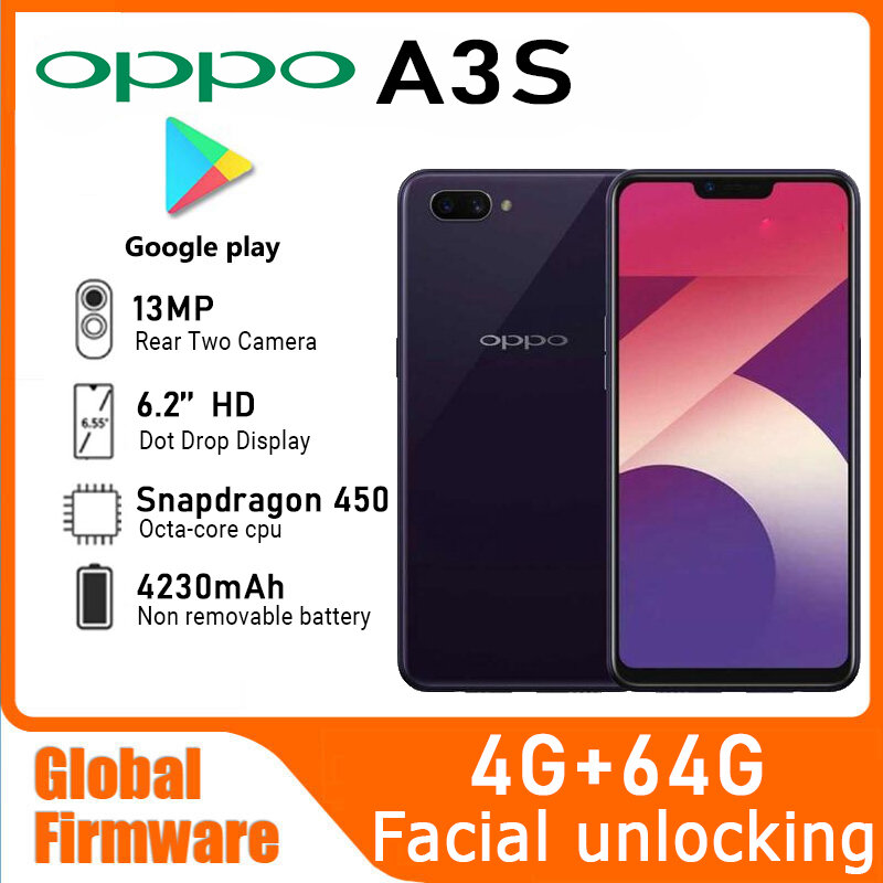 OPPO-A3s Smartphone, Firmware Global, 4GB RAM, ROM 64GB, Qualcomm Snapdragon 450, Android 8.1, Reconhecimento Facial, 4230mAh, Celular