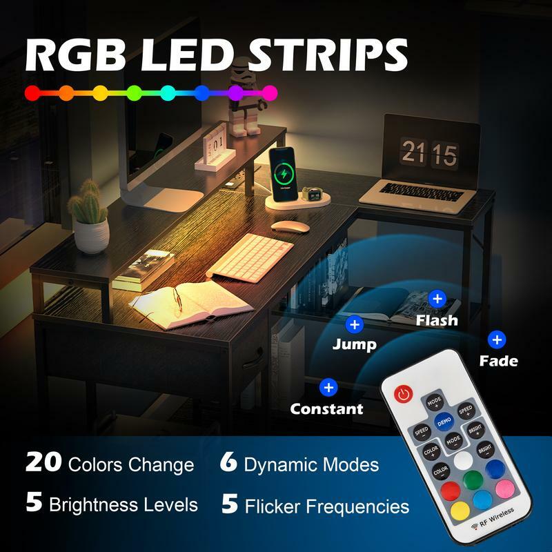 RJARE-escritorio para juegos en forma de L con salidas LED Liger, escritorio Reversible para ordenador con estantes, cajón, escritorio de esquina para el hogar y la Oficina