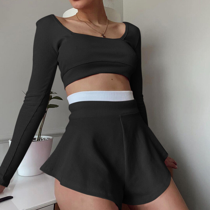Fashion Casual Sport Shorts Skirts Set Women Summer Leisure Two Piece Set Shorts Set Solid Colors Patchwork Sexy Slim Crop Tops