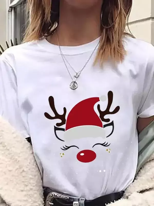 Deer Cartoon  T Shirt Face Trend 90s Fashion Clothing New Year Clothes Christmas Tee Women Top  Holiday Printed Graphic T-shirts