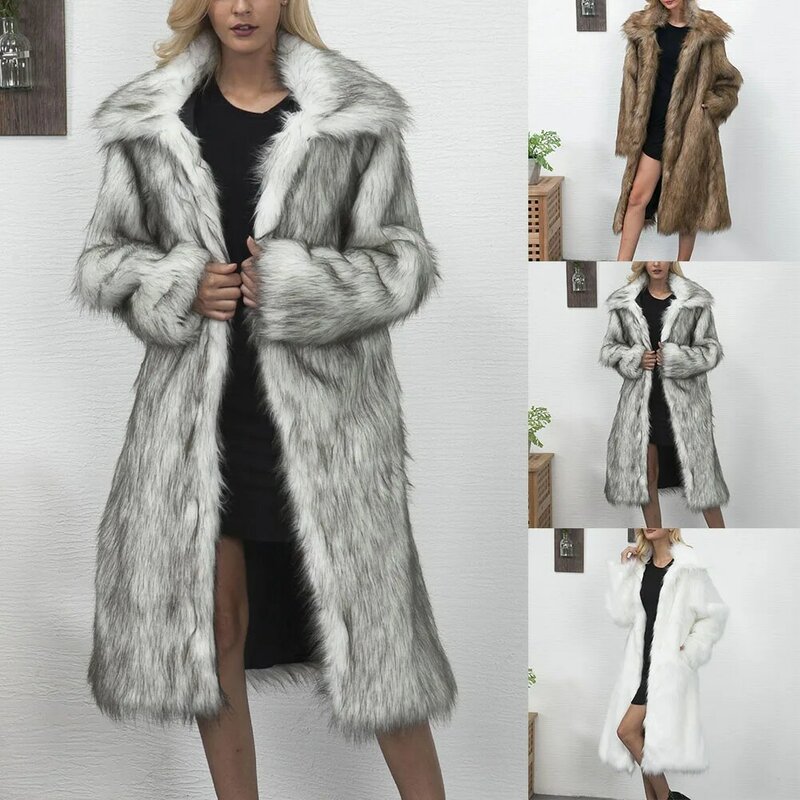 Women Autumn Winter Warm Thickened Long Square Suit Collar Overcoat Loose Outwear Faux Fur Coat Jacket Female Long Faux Fur